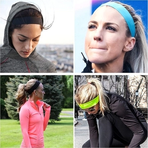 Collage of elastic sweatbands in black, blue, and yellow for fitness and yoga