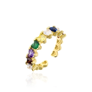 Detailed macro view of 18K gold plated ring featuring colorful heart-shaped zircon stones