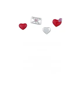 Detailed view of silver heart and letter studs with red enamel and pink zircons