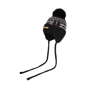 Winter knit trapper hat with pompom and earflaps in Fair Isle pattern for women
