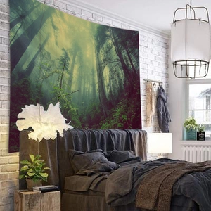 Large forest landscape tapestry wall hanging for bedroom with misty green trees decor