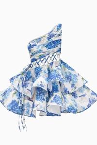 Detail view of the blue floral dress featuring waist cut-outs and lace-up metal ring