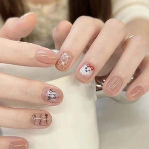 Faux Ongles À Presser Motifs Mignons Chiot Dessin Animé Nœud Cœur Rose Nude Brillant Style Ins Manucure DIY