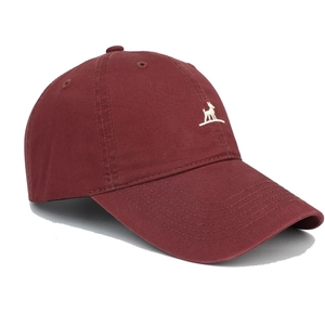 Close-up of burgundy cotton baseball cap with white animal embroidery and curved brim