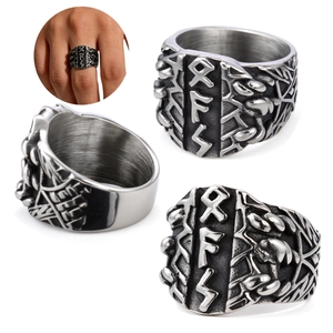 Vintage Viking Rune Stainless Steel Ring Nordic Mythology Punk Style Wide Band Jewelry For Men Women