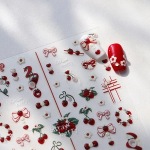 3D embossed strawberry and bow nail stickers set with red and white sweet cherry designs