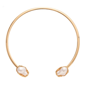 Minimalist gold geometric open collar necklace featuring two white baroque pearls