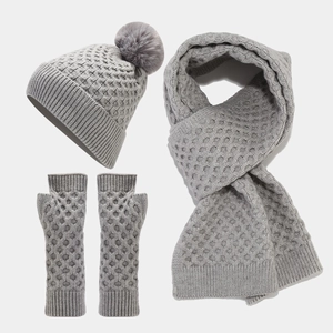 Detalle de conjunto de invierno gris con gorro con pompón y bufanda de punto grueso