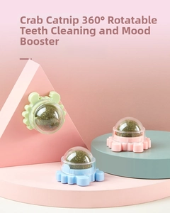 Close-up of crab-shaped catnip balls in various colors for 360-degree dental cleaning