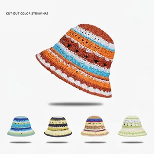 Women's Handmade Crochet Paper Straw Bucket Hat Hollow Out Floral Color Block Sun Protection Summer Outdoor Fisherman Hat