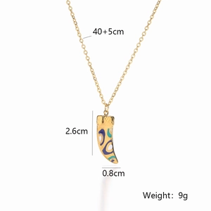 Detail showing 18K gold-plated necklace with colorful enamel tusk pendant and dimensions