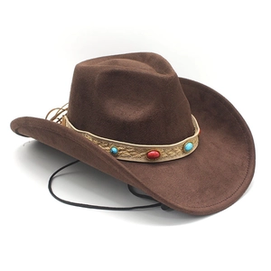 Detail of dark brown faux suede cowboy hat with bohemian woven beaded band and curved brim