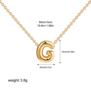 Detail showing the 10mm gold bubble letter G pendant dimensions and 50cm chain length