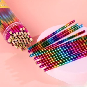 Rainbow colored pencils with multi-color core in a clear cylindrical storage tube