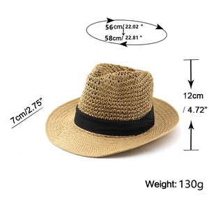 Classic straw fedora with black ribbon and dimensions: 56-58cm brim 7cm height 12cm