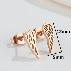 Vintage hollow feather wing stud earrings in rose gold finish with dimensions 12x5mm