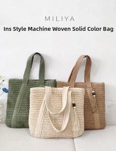 Detailed comparison of woven tote bags in olive green, cream white, and light brown colors