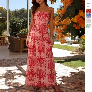 Robe Maxi Dos Nu Imprimé Palmier Polyester Sans Manches Taille Haute Été Plage Hawaii Vacances Pour Femmes