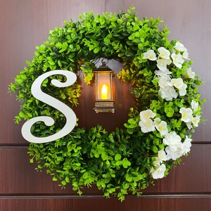 Artificial Eucalyptus Wreath With LED Lantern And Wood Letter S Christmas Front Door Hanging Decoration Warm Light