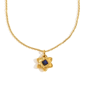 18K gold-plated stainless steel flower necklace with a centered blue square stone