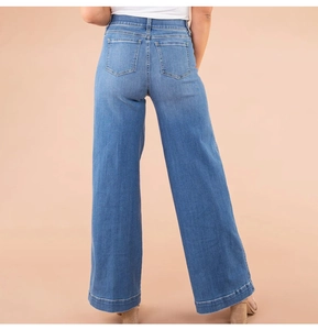 Rear view detail of high-waist wide-leg jeans showing back pockets and lift cut