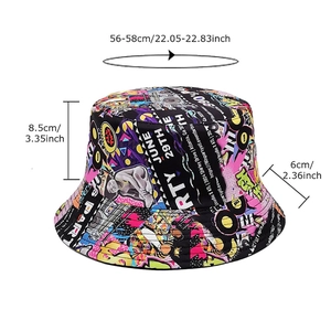 Reversible bucket hat with vintage 90s graffiti print and detailed size dimensions