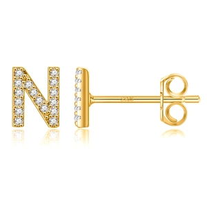Detailed close-up of S925 silver letter N earrings with pavé white zircon in gold finish