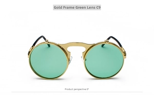 Front view of steampunk round flip-up sunglasses with gold metal frame and green lenses