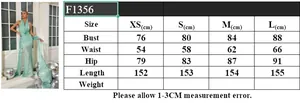 Size chart for backless sequin evening gown with bust, waist, and length measurements