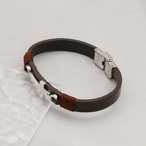 Retro brown leather bracelet with silver stainless steel cross charm and fold-over clasp