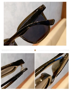 Detalle de gafas de sol de carey con bisagra metálica y lentes polarizadas azules