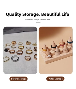 Before and after comparison of rings organized on a conical wooden display stand