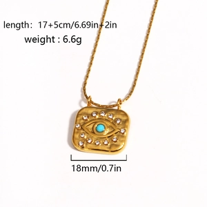 18k gold plated stainless steel square evil eye pendant necklace with blue crystal inlay