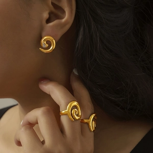 Spiral Swirl Jewelry Stainless Steel Rhinestone Earrings And Open Ring For Women Minimalist Fashion