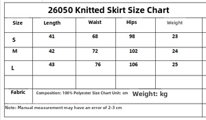 Size chart for knit skirt showing S to L dimensions and 100% polyester fabric details