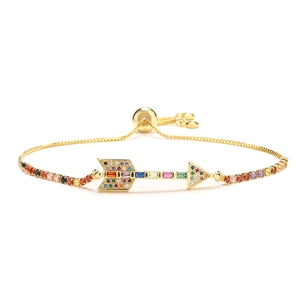 Gold plated adjustable bolo bracelet with colorful zircon arrow charm in rainbow hues