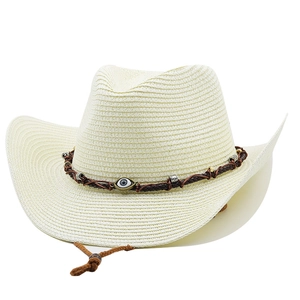 Detail of cream woven straw cowboy hat with evil eye bead and brown leather strap