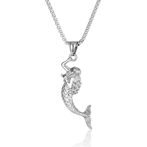 Detailed view of silver mermaid pendant with intricate scales and hair texture on chain