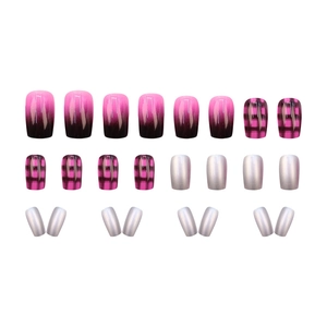 24pcs short square press-on nails set featuring pink and black plaid and cat eye patterns