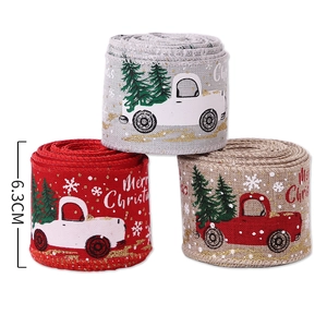 6.3cm Christmas burlap ribbon set with truck and Merry Christmas print for trees