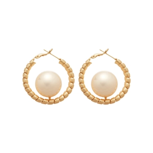 French vintage gold plated hoop earrings with textured spiral and white pearls