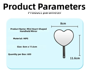 Detailed product dimensions and HIPS material specs for mini heart handheld mirror