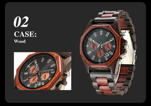 Detail view of the octagonal wood watch case showing red and black sandalwood textures