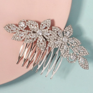 Elegant silver flower hair comb with sparkling rhinestones for bridal wedding hairstyles