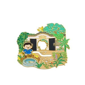 Cartoon metal enamel fridge magnet featuring Baicaoyuan garden with sliding figures