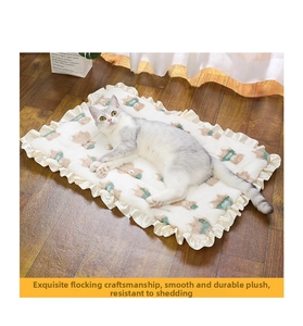 Detailed close-up of a plush cat mat featuring a cartoon bear and elegant ruffled edges
