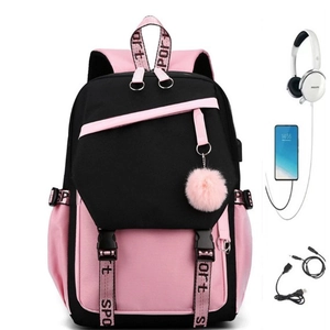 Sac À Dos Scolaire Nylon Avec Port De Charge USB Trou Pour Écouteurs Pendentif Pompon Color Block Étudiants