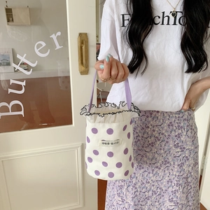 Polka dot canvas mini tote bag with purple accents and Korean text label for women