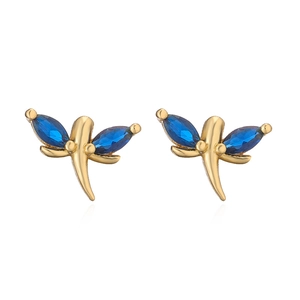 Detailed view of golden dragonfly stud earrings with elegant marquise-cut blue gemstones