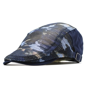 Detail of breathable mesh camouflage flat cap with adjustable metal buckle on side